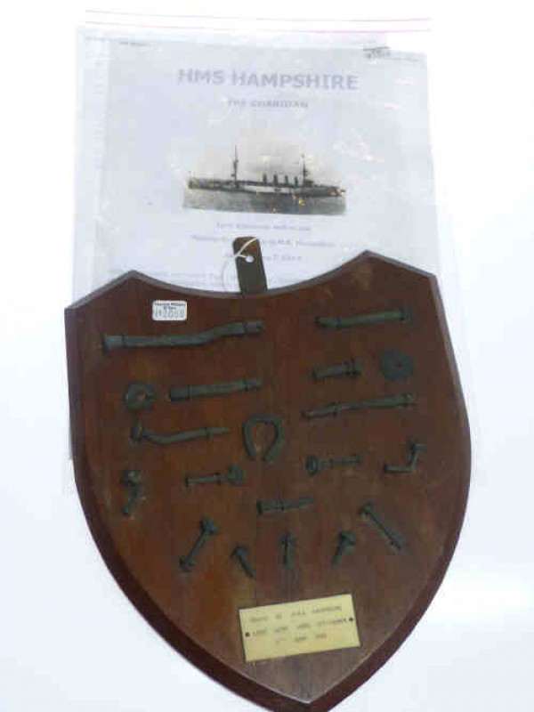 HMS Hampshire relics on shield, the ship lost with Lord Kitchener 1916