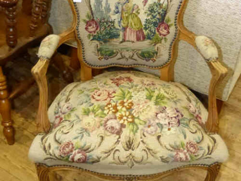 French panel back fauteuil in floral woolwork fabric