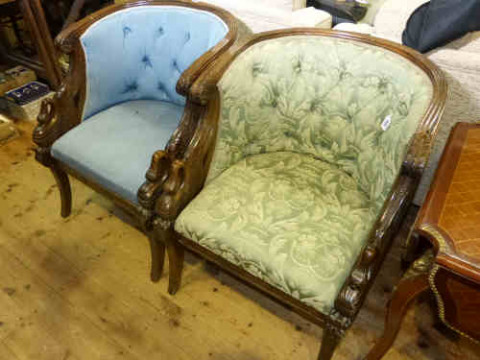 Pair occasional tub chairs, the arms terminating in swan necks