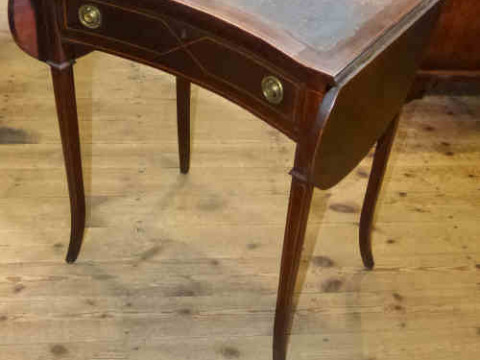 Edwardian inlaid mahogany inverted bow front drop leaf single drawer writing...