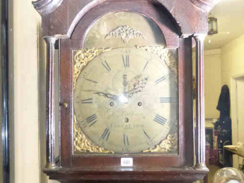 Antique oak 8-day longcase clock having brass arched dial