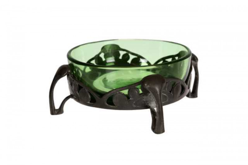 Liberty & Co: An English Pewter and green glass butter dish, possibly designed by Archibald Knox, the circular bowls pierced and cast with stylised seed pods, stamped ENGLISH PEWTER/ 0593/ MADE BY LIBERTY & CO. Diameter 10cm to the extremities