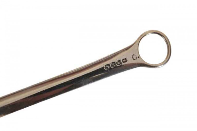 A George III silver meat skewer, London 1808, maker JW, tapering with plain ring handle, approximately 2.1 troy ozs, 30cm; a George III silver meat skewer, London 1813, maker IL, tapering with plain ring handle, engraved with a monogram. approximately 3.1