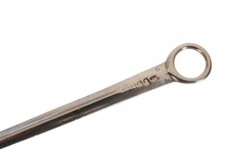 A George III silver meat skewer, London 1809, maker's mark indistinct, tapering with plain ring handle, engraved with 'G' and 'W', approximately 1.8 troy ozs, 29.5cm; a George III silver meat skewer, George Smith IV, London 1798, tapering with plain ring 