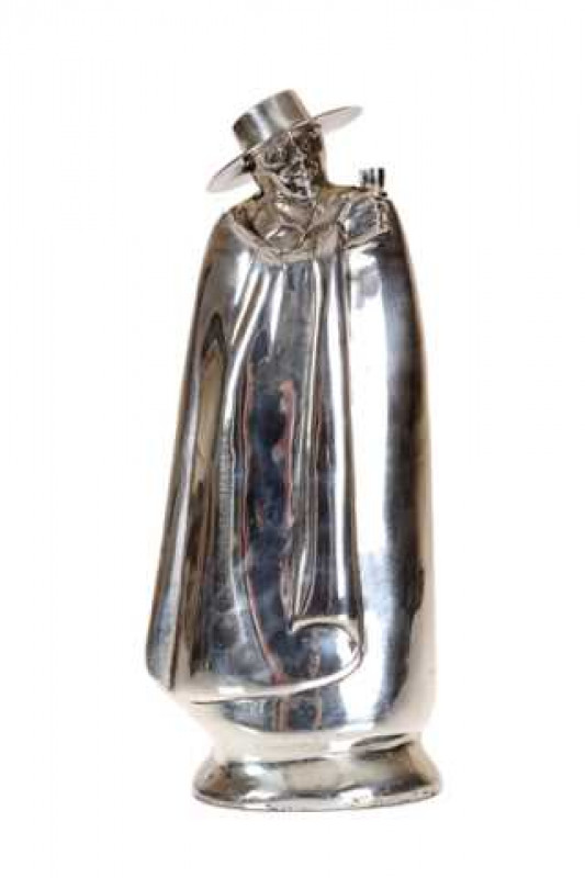 A silver 'Sandeman' figural flask, London 1969, maker H&L, modelled wearing a long coat and holding a glass. Approximately 10 troy ozs, 20cm