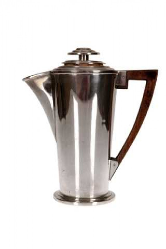An Art Deco style silver cocktail jug, of slightly tapering cylindrical form with stepped top and corked stopper, issuing a stained wooden handle, stamped M and SILVER. Total weight approximately 22 troy ozs, 22cm