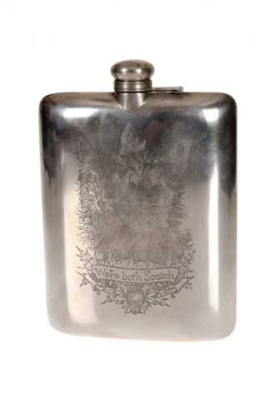 Gorham: A large sterling silver hip flask, circa 1910-20, shaped for the pocket, engraved with two terriers above a banner inscribed We're both Scotch, date code to underside of hinged cover, with Gorham fabric sleeve cover. Approximately 11.3 troy ozs, 1