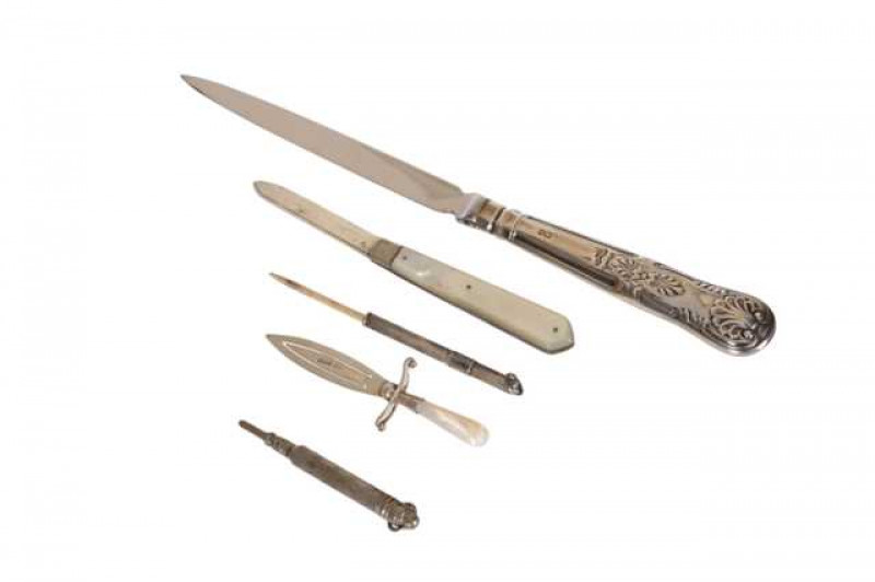 A silver and mother-of-pearl handled folding fruit knife, with engraved blade; a silver and mother-of-pearl handled bookmark; silver handled paper knife, etc. (5)