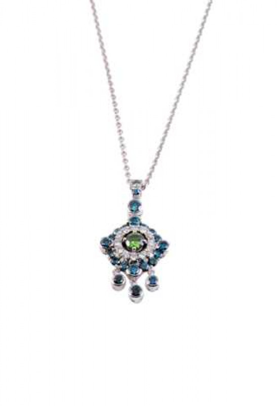 A diamond pendant, set to the centre with a green coloured brilliant cut diamond, four claw set within a bezel of twelve brilliant cut claw set diamonds, in turn within a bezel of sixteen graduating brilliant cut blue coloured diamonds, suspending three a