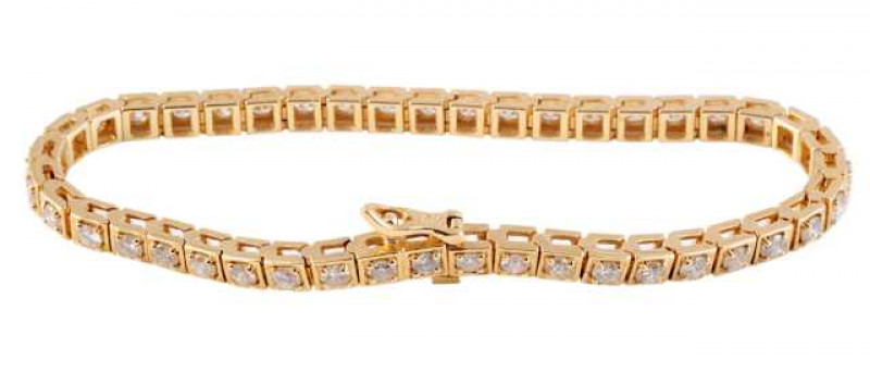 A diamond bracelet, the forty three articulated square links each set with a brilliant cut four claw set diamond, all in open mounts, fastened with an integral tongue fastening with figure 8 safety chain. Clasp stamped 18K. Length approx. 19.3cm. Weight a