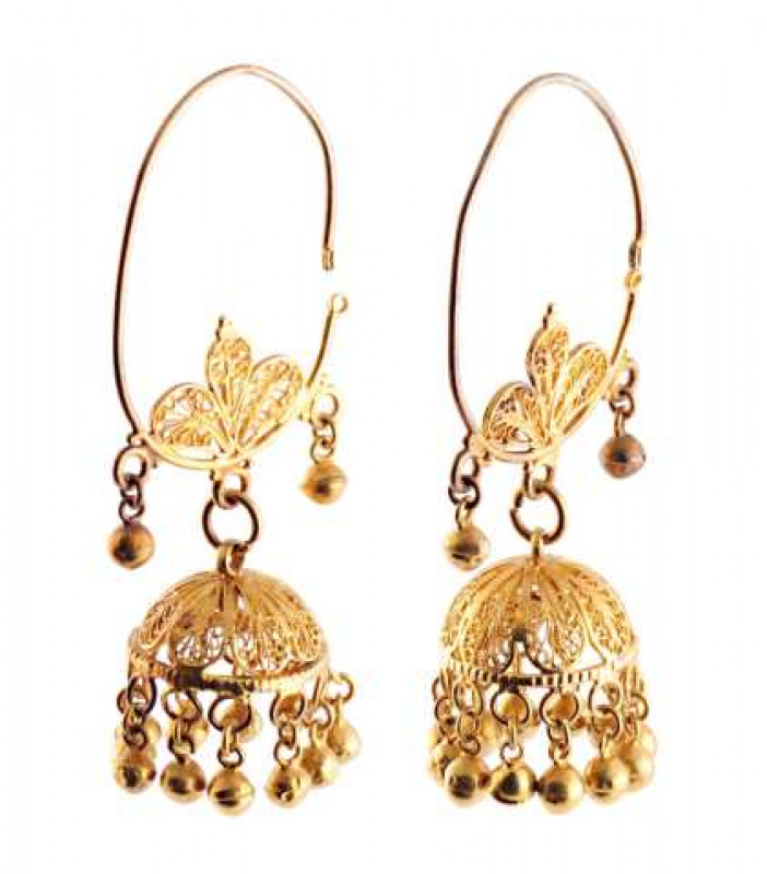 A pair of yellow coloured metal filigree drop earrings, the large oval shaped ear loop set to the bottom with three delicately filigree moulded leaf shapes, suspending three articulated links, the two outer links each suspending a ball drop, the middle li
