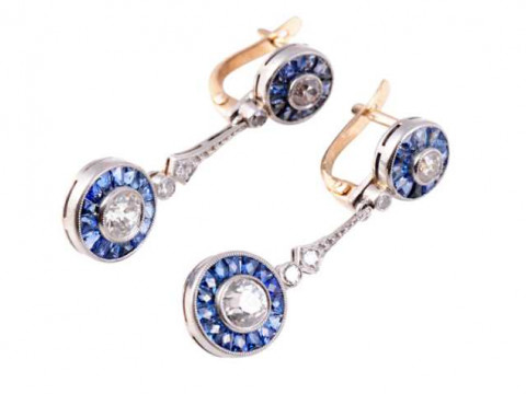 A pair of sapphire and diamond drop earrings, the brilliant cut collet...