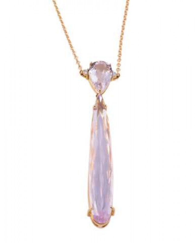A kunzite and diamond necklace, the large tapering pear cut kunzite four claw set in an open mount, suspending on an articulated link from a smaller pear cut kunzite, three claw set in an open mount between a brilliant cut three claw set diamond highlight