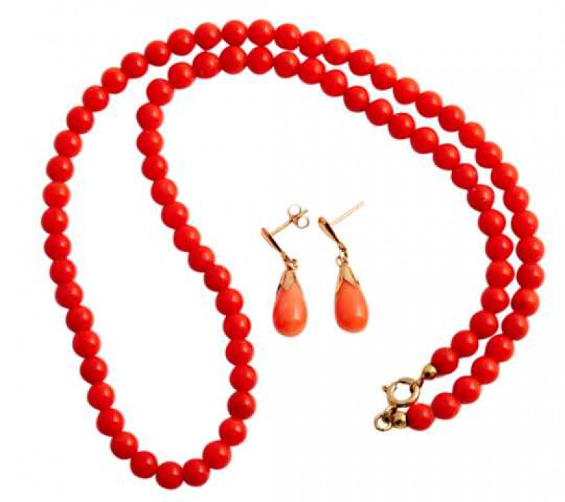 A coral necklace, the eighty four uniform coral beads strung onto a simple bolt ring clasp stamped 925. Length approx. 20.5cm. Weight approx. 15.6gms; and a pair of coral stud earrings, the pear shaped coral set to the bottom of a shaped mount, suspending