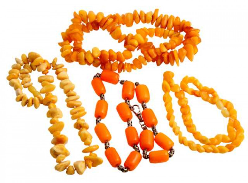 A string of one hundred and seven irregular shaped graduating beads. Weight approx. 71.2gms. Length approx. 34.5cm; a second string of sixty three irregular shaped graduating beads, strung onto a simple screw barrel clasp. Weight approx. 31.2gms. Length a