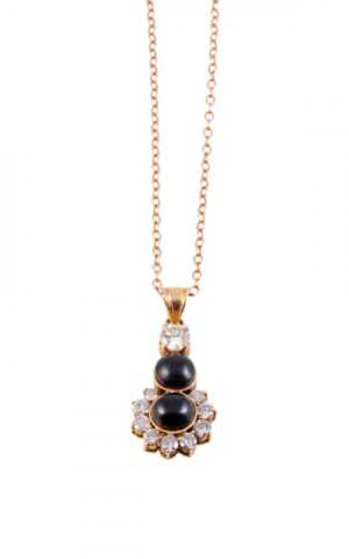 A Whitby jet and diamond pendant, set to the centre with a collet set round cabochon cut jet bead, set within a surround of nine brilliant cut claw set graduating diamonds, to the bottom of a further similar round cabochon cut collet set jet bead, in turn