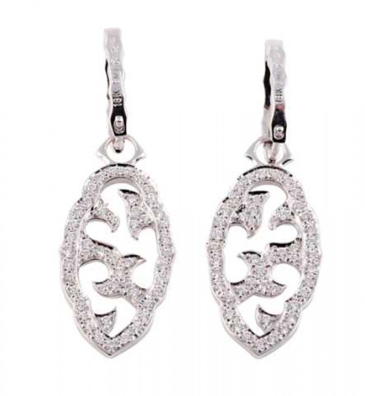Steven Webster: A pair of diamond drop earrings, the moulded oval shaped drop set to the centre with cut out detailing, the entirety set with graduating brilliant cut diamond highlights, suspending from on an oval shaped mount set to the front with ten br
