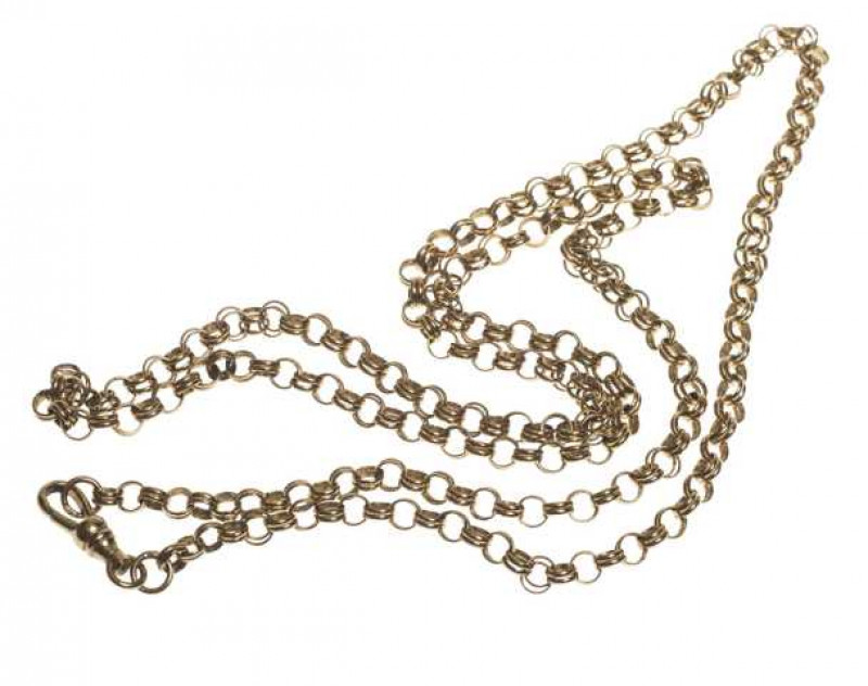 A 9 carat gold chain, composed of ring links. Approximately 15.8 grams, 71cm