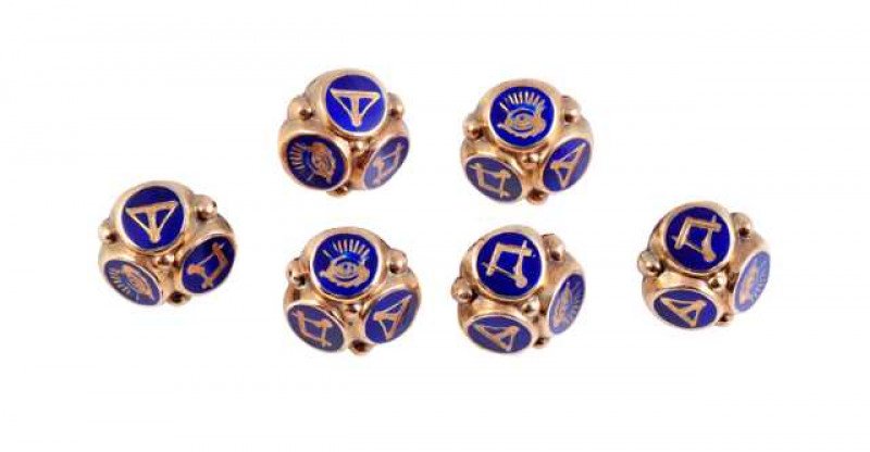 Masonic interest: A set of five enamel dress studs, all of similar design of a domed mount with beaded detailing, each with three circular plaques of blue enamel with Masonic symbols. In fitted box.