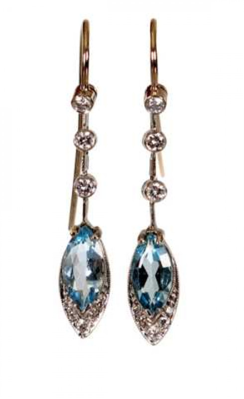 A pair of aquamarine and diamond drop earrings, the marquise cut aquamarine three claw set to the top of a marquise shaped dropped set to the bottom with five graduating diamond highlights, suspending from two articulated knife edge bars, each bar alterna