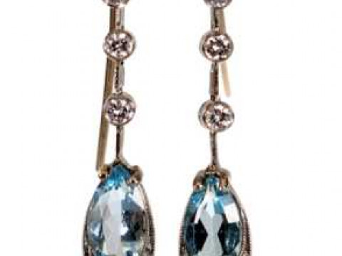 A pair of aquamarine and diamond drop earrings, the marquise cut aquamarine...
