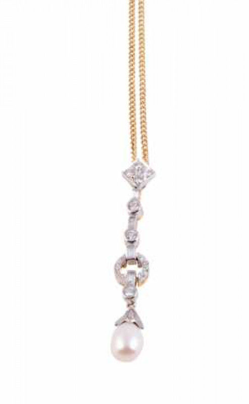 A cultured pearl and diamond pendant, the cultured pearl set to the bottom of a shaped mount set with diamond highlights, suspending on an articulated link from a brilliant cut collet set diamond and a baguette cut collet set diamond, in turn suspending f