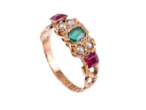 A seed pearl, emerald and ruby ring, circa 1840, the square cut emerald...