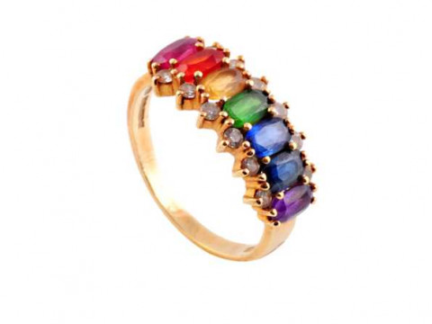 A diamond and multi precious stone ring, the seven oval cut eight claw...