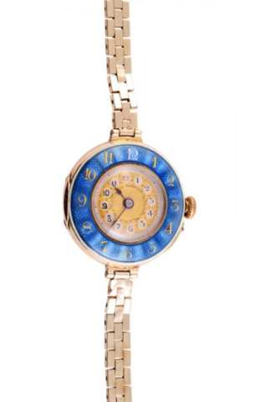 A 15 jewels enamel and gold watch, the inner dial of delicate gold coloured guilloche enamel and subtle patterning set within an outer dial of blue guilloche enamel with gold numbering, on a square snake link bracelet with integral fastening. Case and cla