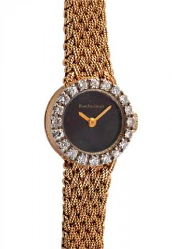 A lady's Bueche Girod 9 carat gold and diamond wristwatch, the bezel set with diamonds, the black enamel dial signed BUECHE GIROD, hallmarked, in a Bueche Girod card box.
