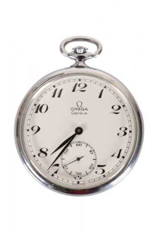An Omega chrome plated open face pocket watch, with Arabic numerals and subsidiary seconds. 48mm