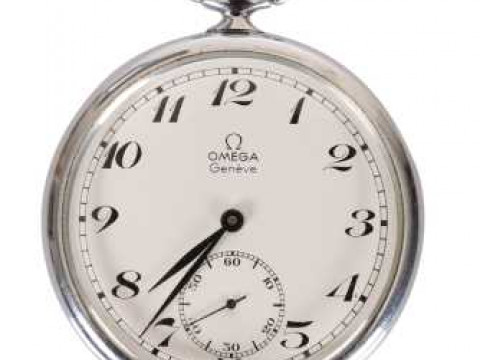 An Omega chrome plated open face pocket watch, with Arabic numerals and...
