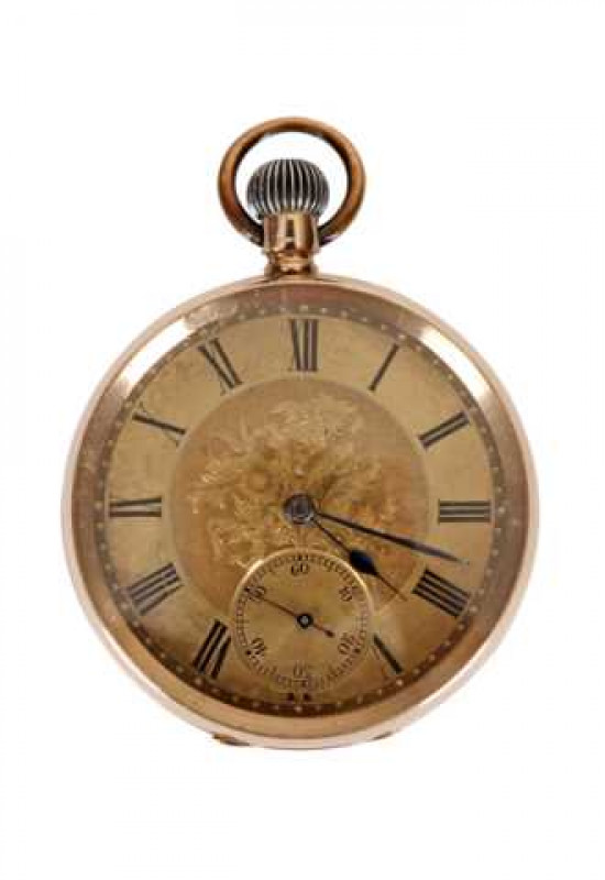 A Continental open faced pocket watch, with Arabic numerals and subsidiary seconds, engraved with a floral spray, the case back stamped OMEGA and K14. Approximately 96 grams