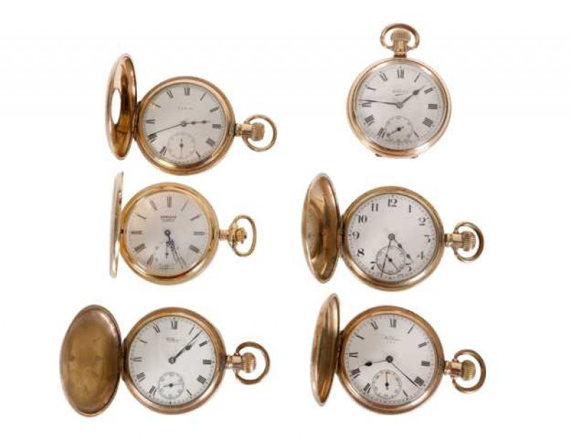 A collection of six gold plated pocket watches, including Elgin, Waltham and Pilot. (6)