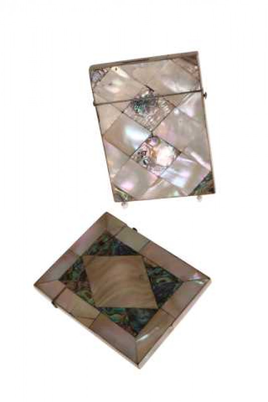 Two Victorian mother-of-pearl and abalone card cases, of characteristic form. Each 10cm by 8cm