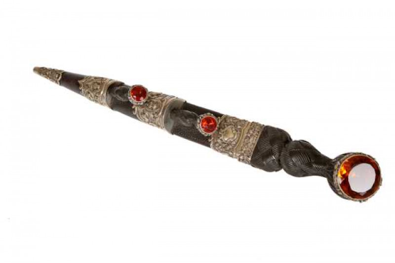 A Scottish leather, wood and steel dirk, mounted with cairngorms. 46cm