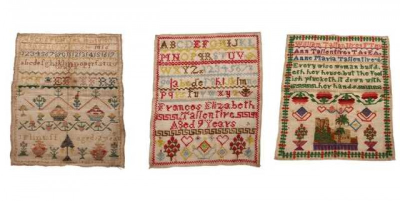 A George III needlework sampler, dated 1816, worked by J. Flintoff, aged 12 years; together with two undated needlework samplers, probably Victorian, worked by William Tallentire and Frances Elizabeth Tallentire, all unframed. (3) Largest 36.5cm by 30cm