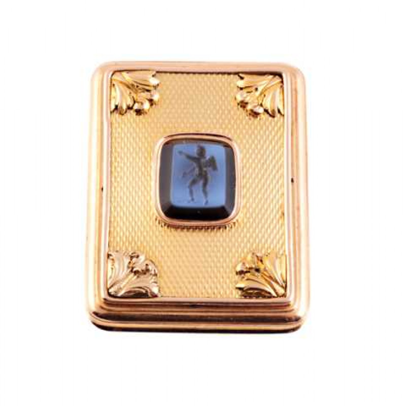 A fine French gold vinaigrette, 19th Century, in the form of a book, with carved hardstone 'seal' plaque set to the centre of the cover. 4cm by 3cm