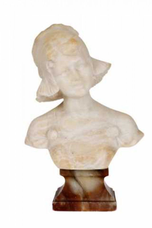 An Italian carved alabaster bust of a Dutch girl, late 19th/early 20th Century, inscribed verso, raised on a square waisted socle. 33.5cm