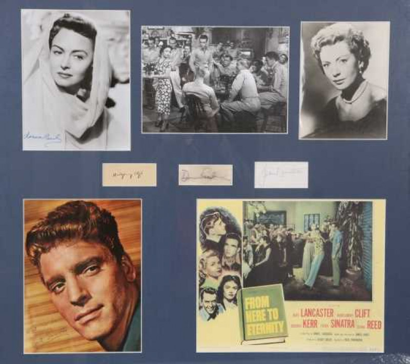 From Here to Eternity', signed and framed montage, including Burt Lancaster signed photograph, Frank Sinatra signature, Deborah Kerr signed photograph.
