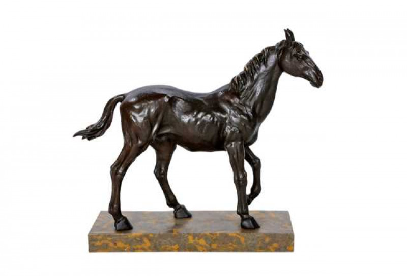A large patinated bronze model of a horse, on a marble plinth. 47cm high