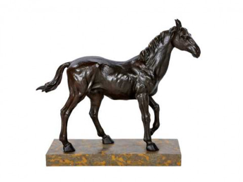 A large patinated bronze model of a horse, on a marble plinth. 47cm high