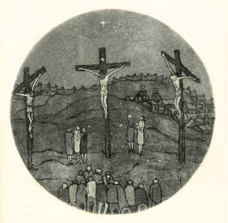 Tom McGuinness (1926-2006), 'Crucifixion No 2', signed, titled, dated 88 and numbered 26/70, limited edition print, framed. 18.5cm by 18.5cm