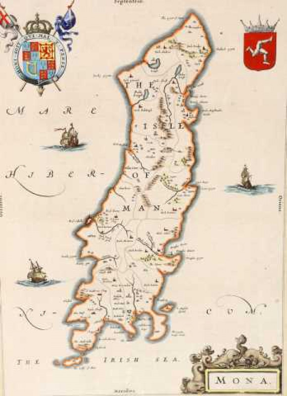 John Blaue, Mona, hand coloured engraved map, circa 1648, framed. 47cm by 29.5cm