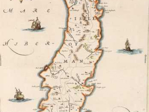 John Blaue, Mona, hand coloured engraved map, circa 1648, framed. 47cm...