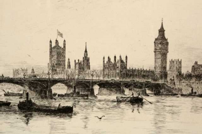 Frank Harding (1935-1990), 'Westminster Bridge', signed and titled in pencil, etching, framed. 16cm by 20cm