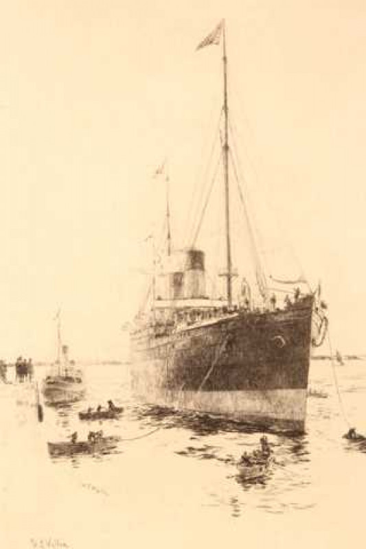 William Lionel Wyllie (1851-1931), Towed into harbour, signed in pencil in the plate, etching, unframed. 25.5cm by 19.5cm