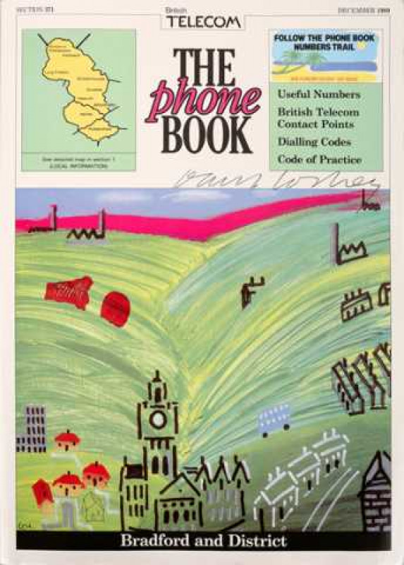 A 1989 telephone directory, signed by David Hockney (b.1937), Bradford and District, signed to the front cover.