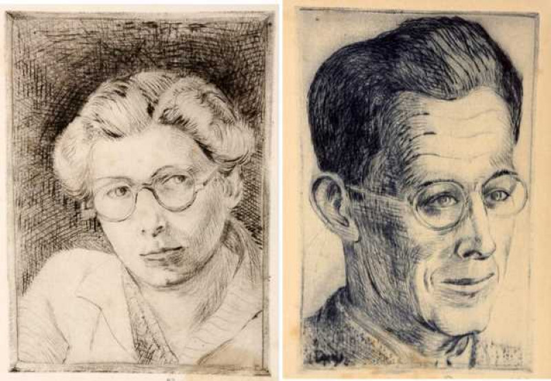 Two portrait etchings, each signed Ablett and dated '40 and '41, framed. Largest 12cm by 9.5cm
