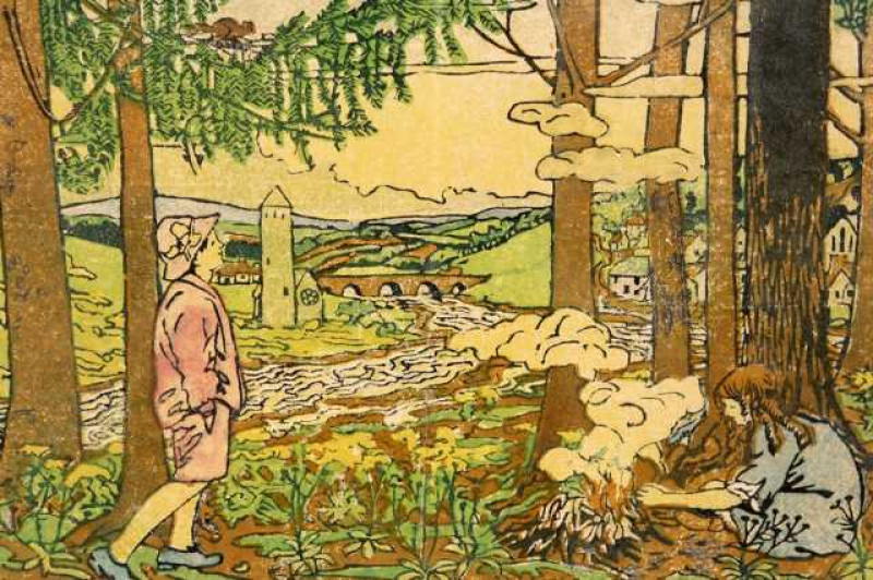 Irish School (20th Century), By the camp fire, hand coloured woodblock print, framed. 20.5cm by 26.5cm